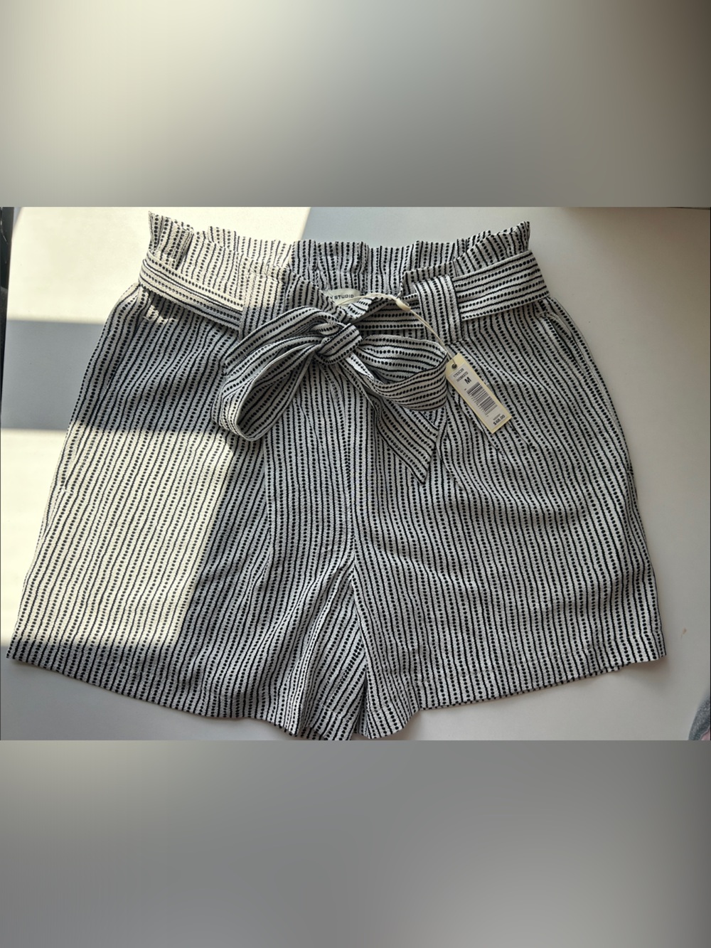 Max Studio White and Black Vertical Stripe Tie-Front Bermuda Shorts